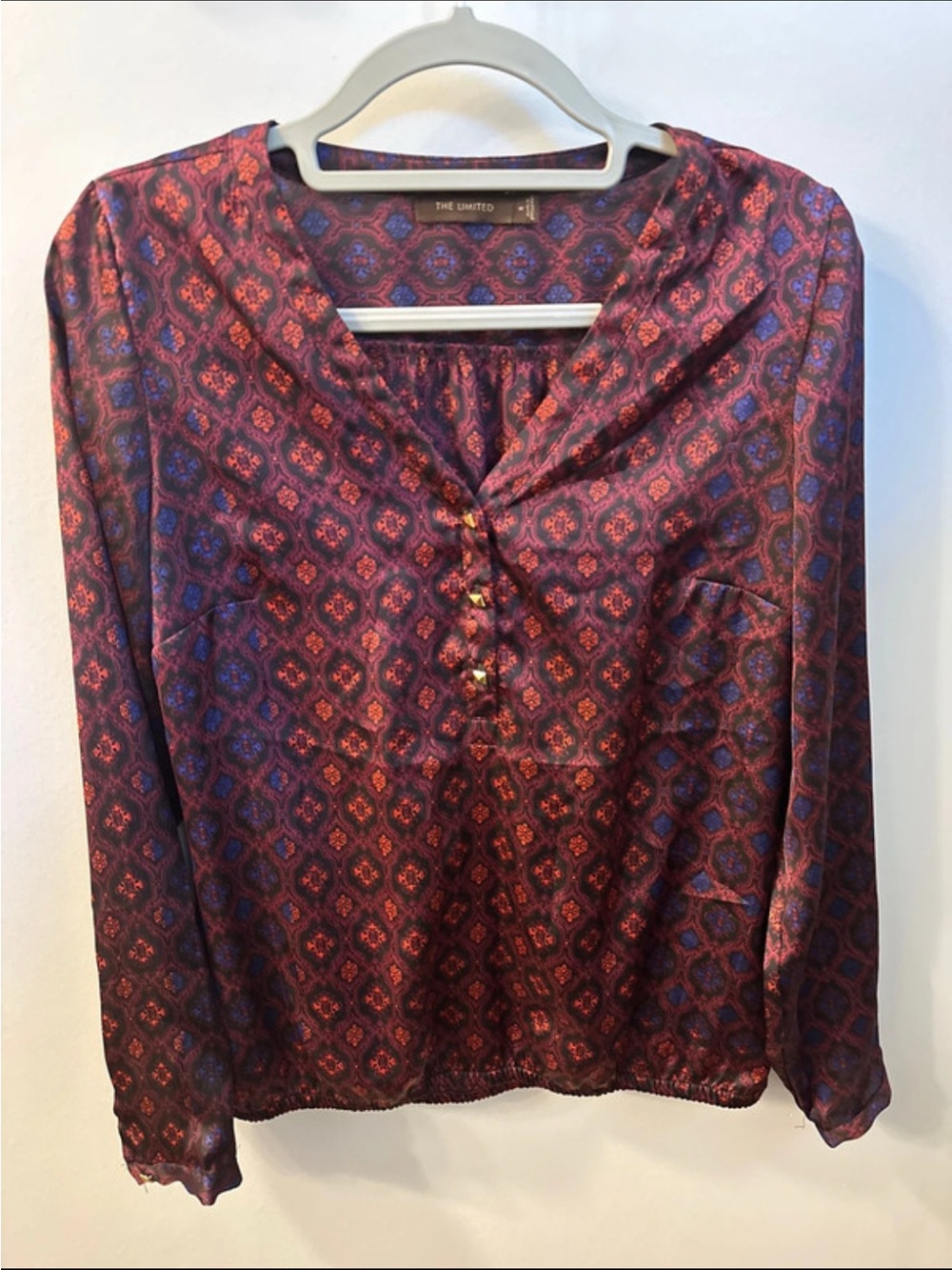 The Limited Burgundy and Navy Patterned Long-Sleeve Blouse